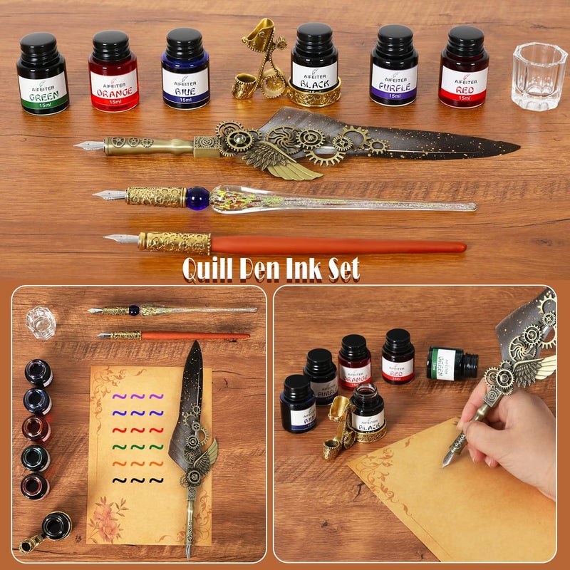 Aifeiter Feather Pen Ink Set - 6 Bottles of Ink, Quill Pen, Glass & Wooden Dipping Pens, 8 Sheets of Writing Paper, Envelope, Wax Granules, Round Wax, Seal, Spoon, Pen Holder (Grey) - Image 2